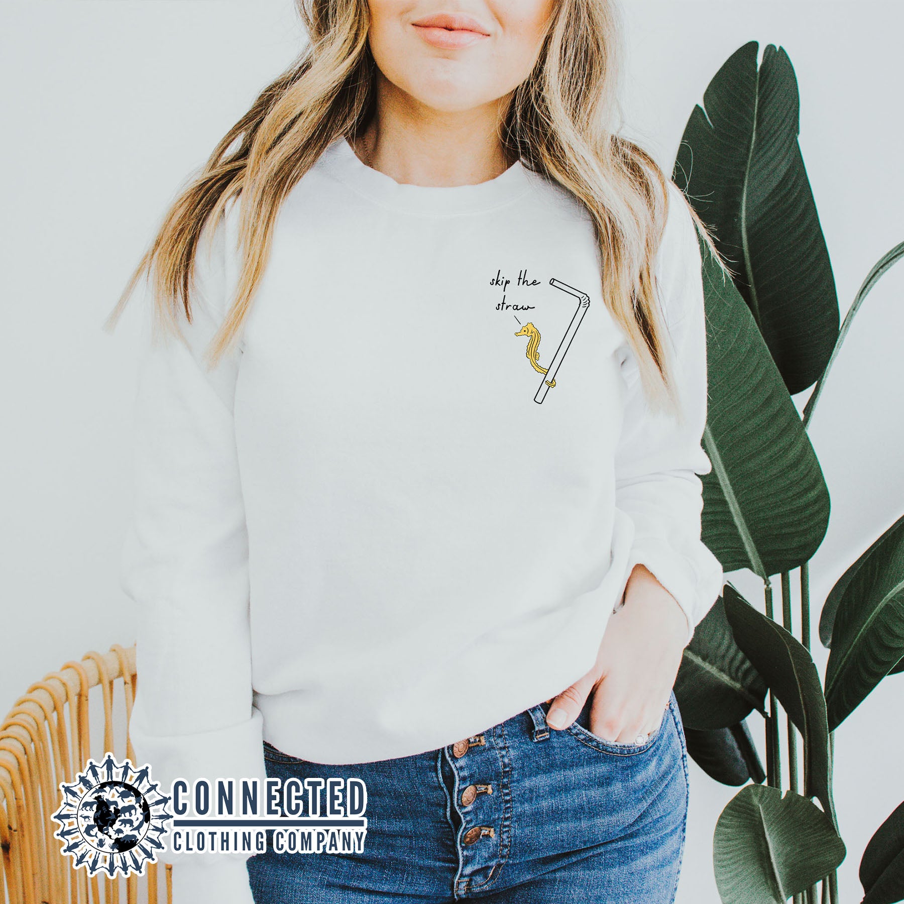 White Skip The Straw Seahorse Tee (Seahorse holding onto straw while saying skip the straw) - Connected Clothing Company - Ethically and Sustainably Made - 10% donated to Mission Blue ocean conservation
