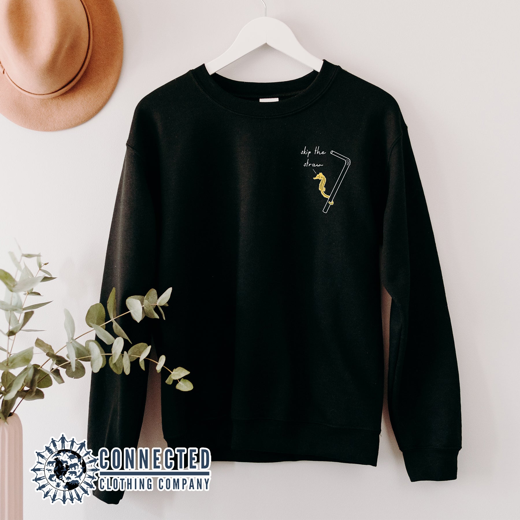Black Skip The Straw Seahorse Tee (Seahorse holding onto straw while saying skip the straw) - Connected Clothing Company - Ethically and Sustainably Made - 10% donated to Mission Blue ocean conservation