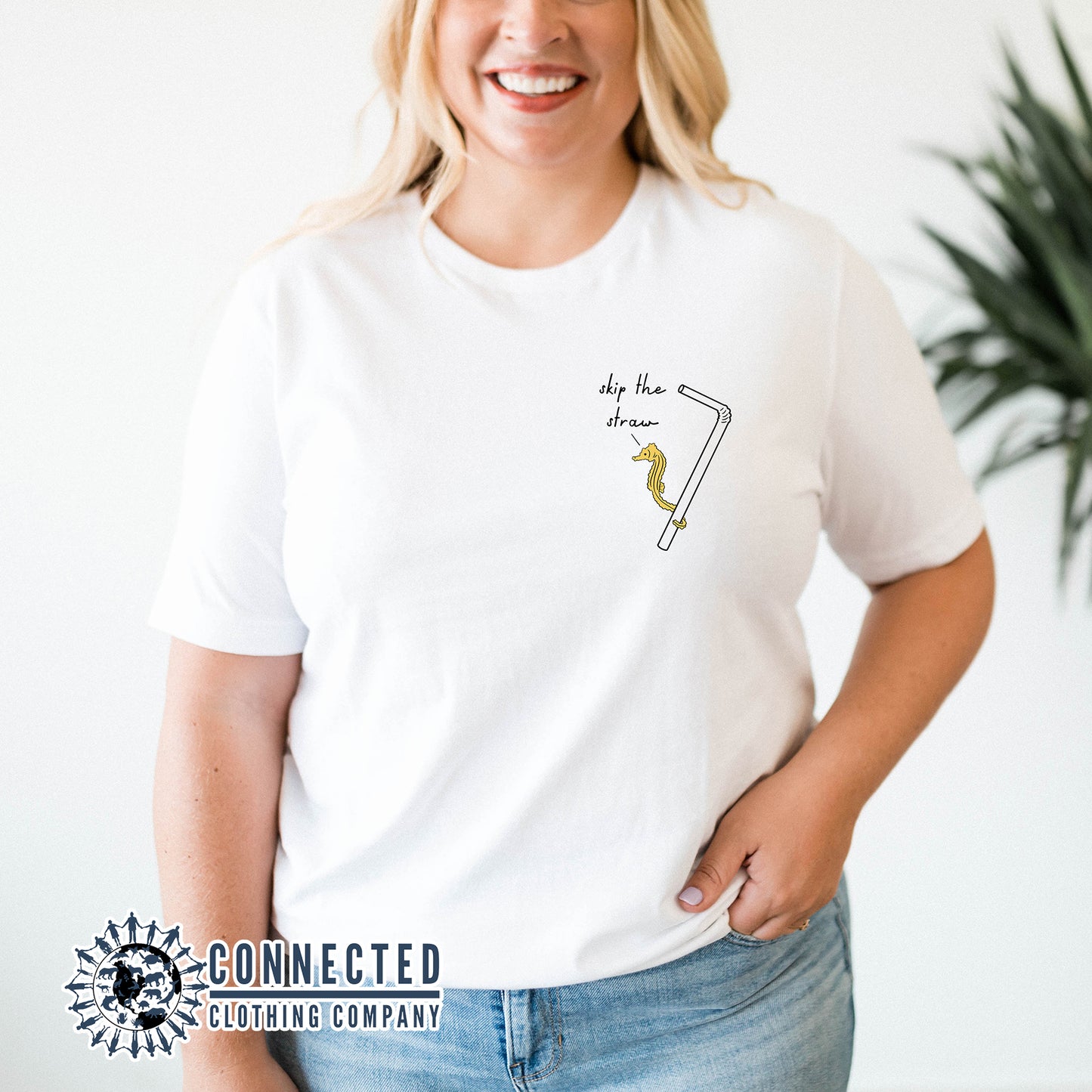 White Skip The Straw Seahorse Tee (Seahorse holding onto straw while saying skip the straw) - Connected Clothing Company - Ethically and Sustainably Made - 10% donated to Mission Blue ocean conservation
