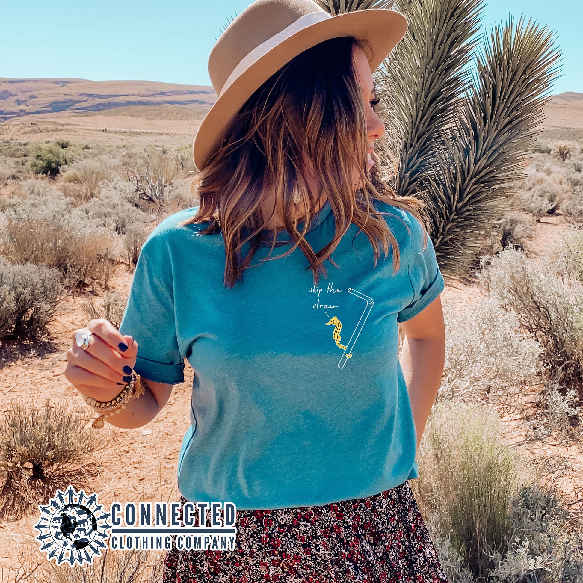 Aqua Skip The Straw Seahorse Tee (Seahorse holding onto straw while saying skip the straw) - Connected Clothing Company - Ethically and Sustainably Made - 10% donated to Mission Blue ocean conservation