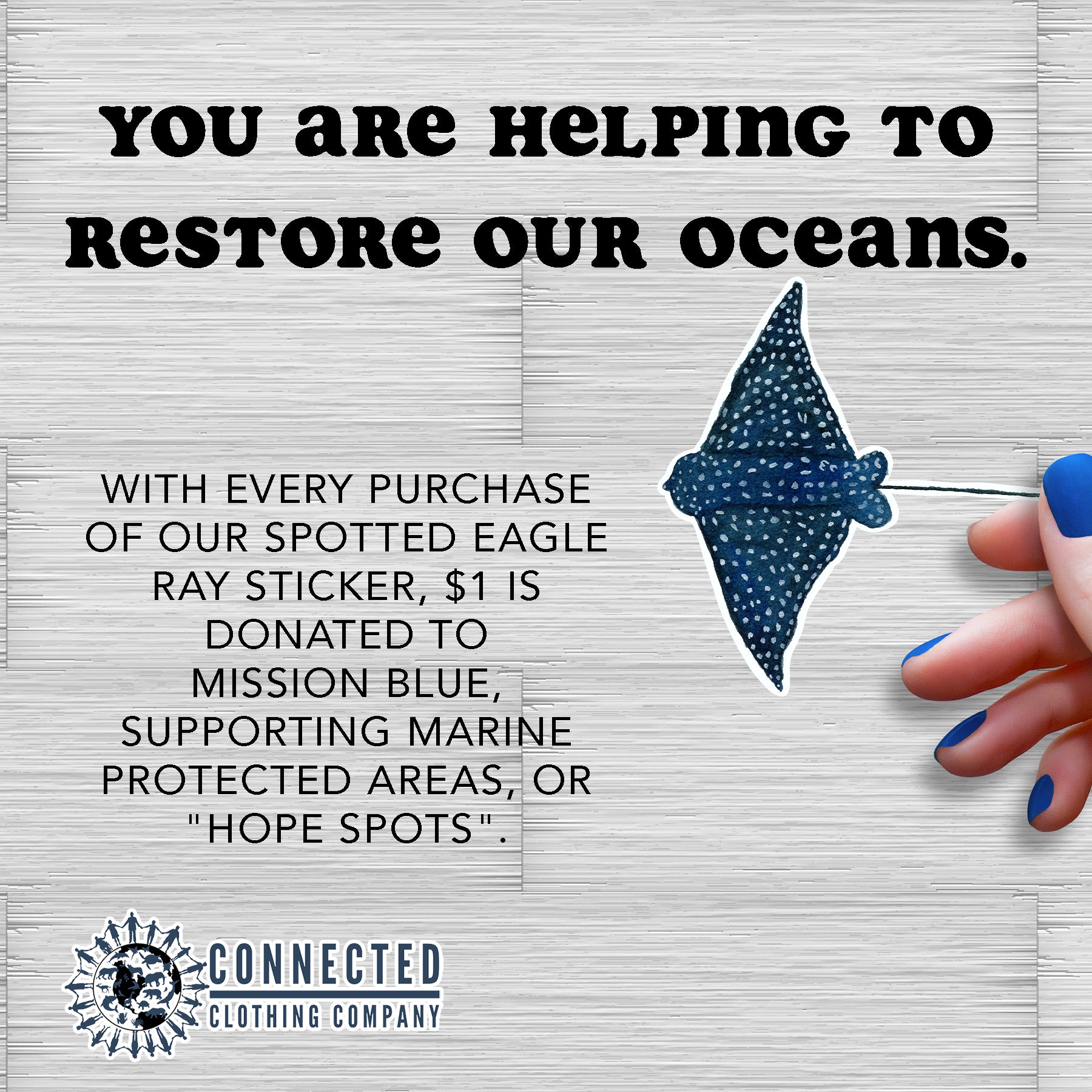 Spotted Eagle Ray Sticker - Connected Clothing Company - 10% donated to ocean conservation - "you are helping to restore our oceans. with every purchase of our spotted eagle ray sticker, $1 is donated to Mission Blue, supporting marine protected areas, or hope spots."