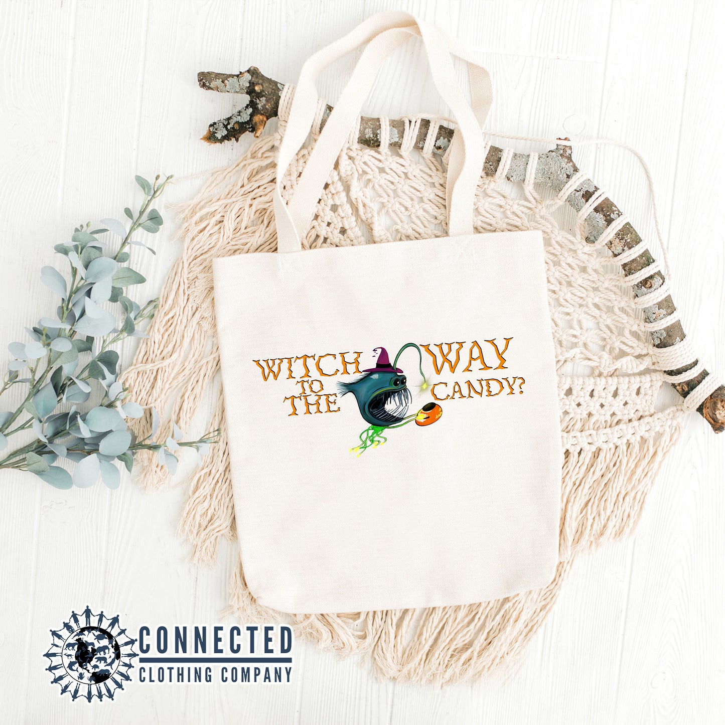 Witch Way To The Candy Anglerfish Tote Bag - Connected Clothing Company - 10% of proceeds donated to ocean conservation