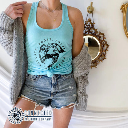 Model Wearing Tahiti Blue Respect Foster Volunteer Educate Women's Tank Top - Connected Clothing Company - Ethically and Sustainably Made - 10% of profits donated to the SPCA animal rescue humane society