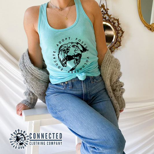 Model Wearing Tahiti Blue Respect Foster Volunteer Educate Women's Tank Top - Connected Clothing Company - Ethically and Sustainably Made - 10% of profits donated to the SPCA animal rescue humane society