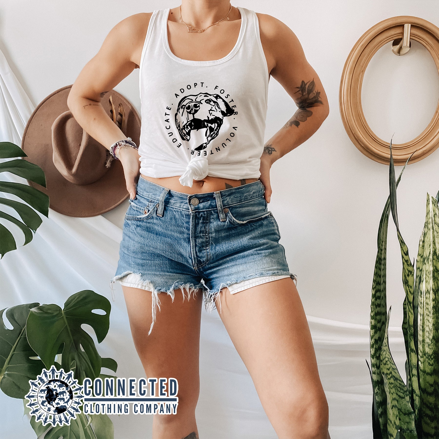 Model Wearing White Respect Foster Volunteer Educate Women's Tank Top - Connected Clothing Company - Ethically and Sustainably Made - 10% of profits donated to the SPCA animal rescue humane society