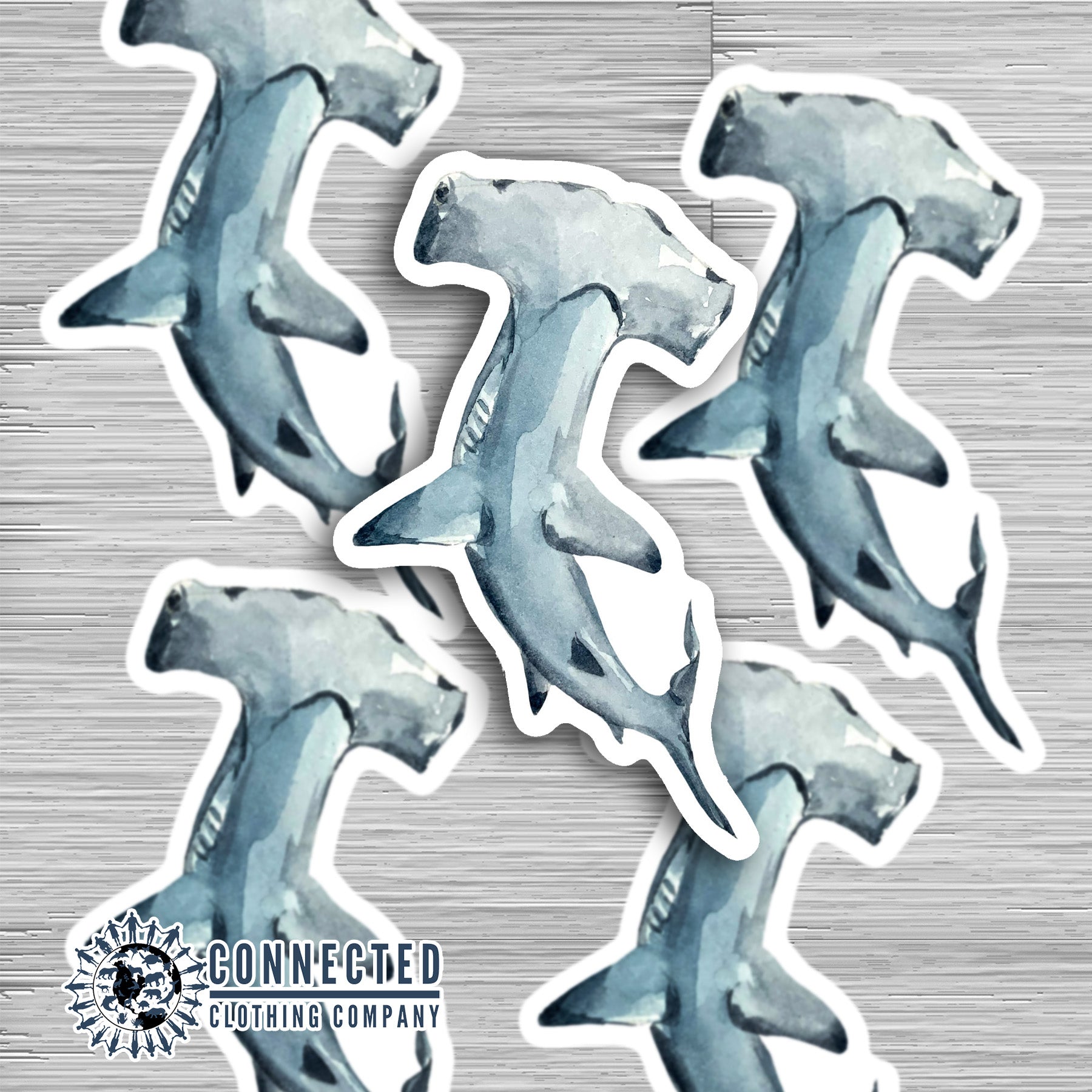 Closeup of Hammerhead Shark Watercolor Sticker - Connected Clothing Company - Ethical and Sustainable Apparel - portion of profits donated to shark conservation