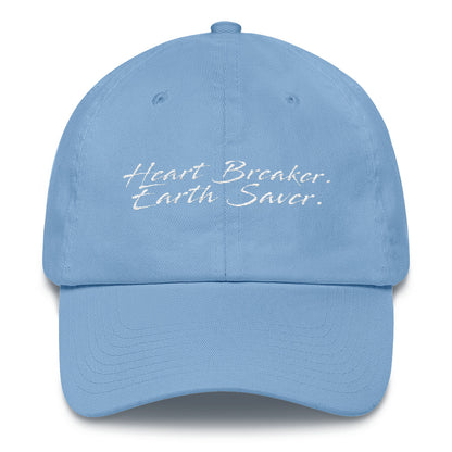 Front of Carolina Blue Heart Breaker. Earth Saver. Cotton Cap - Connected Clothing Company - 10% of profits donated to ocean conservation