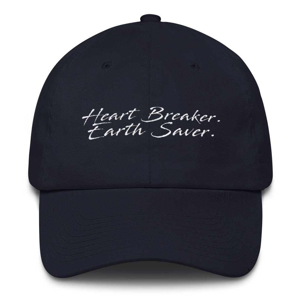 Front of Navy Heart Breaker. Earth Saver. Cotton Cap - Connected Clothing Company - 10% of profits donated to ocean conservation