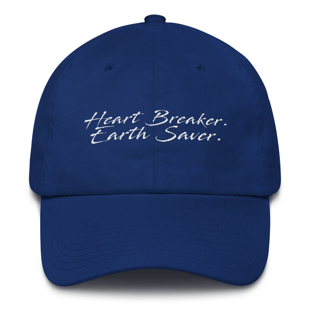 Front of Royal Blue Heart Breaker. Earth Saver. Cotton Cap - Connected Clothing Company - 10% of profits donated to ocean conservation