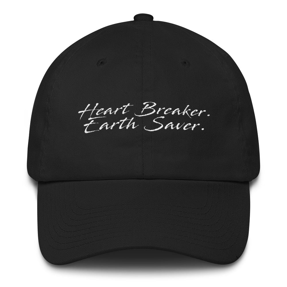 Front of Black Heart Breaker. Earth Saver. Cotton Cap - Connected Clothing Company - 10% of profits donated to ocean conservation