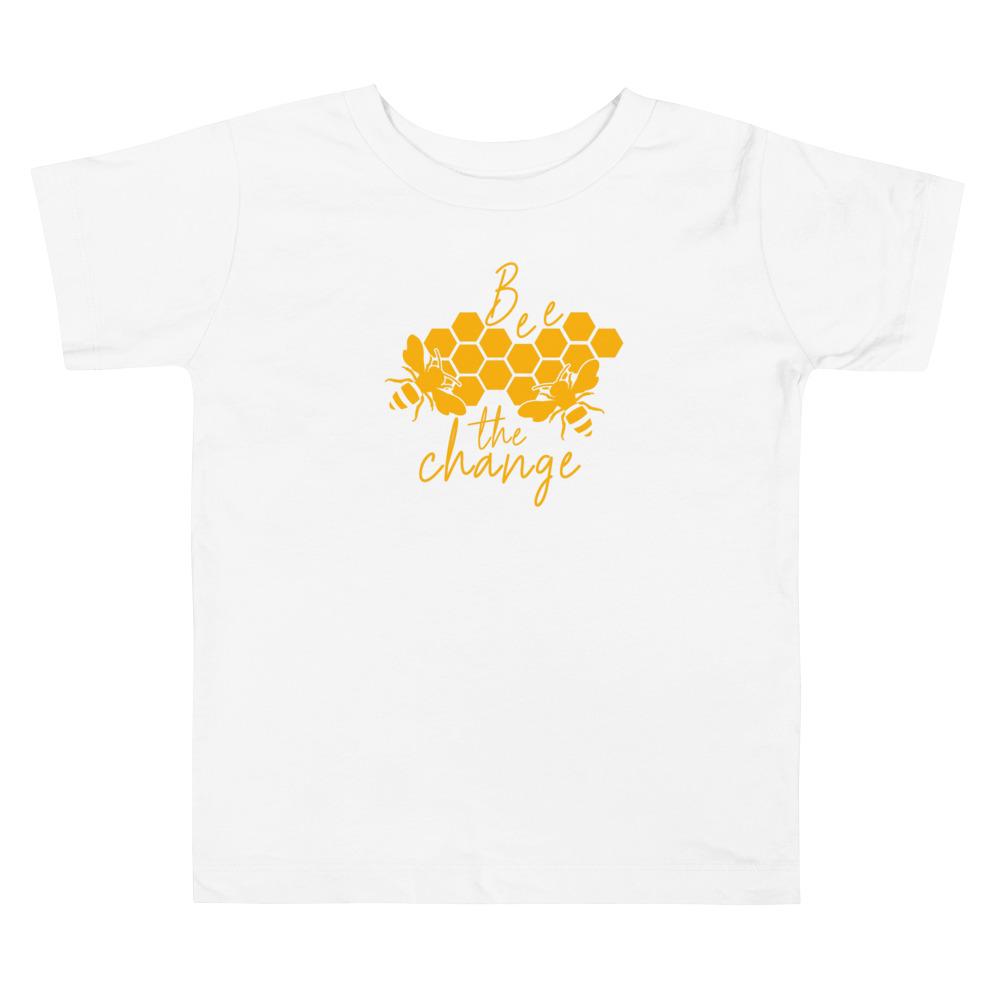 Bee The Change Toddler Short-Sleeve Tee in White - Connected Clothing Company - 10% of profits donated to The Honeybee Conservancy, supporting bee conservation and building bee habitats