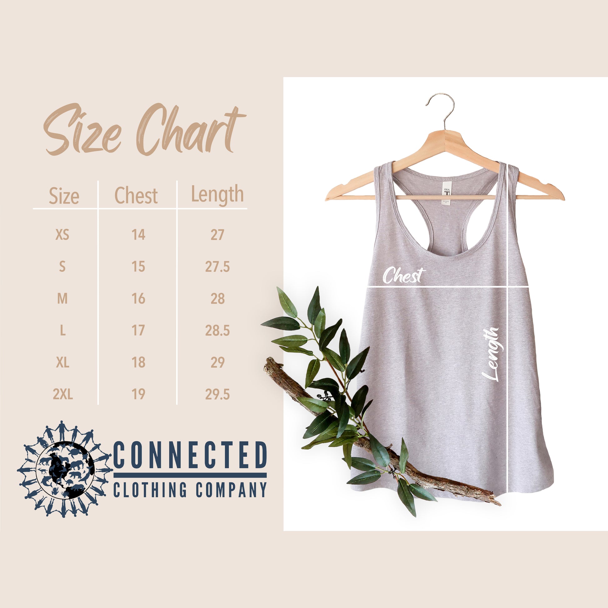 Size Chart for Protect Our Sharks Women's Tank Top - Connected Clothing Company - Ethically and Sustainably Made - 10% of profits donated to Oceana shark conservation